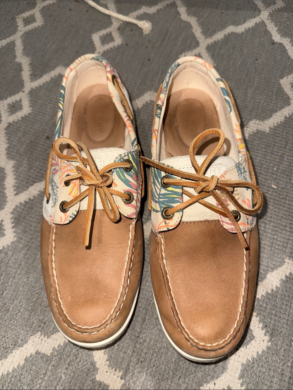Sperry Tan Leather Boat Shoes with Multicolor Floral Trim